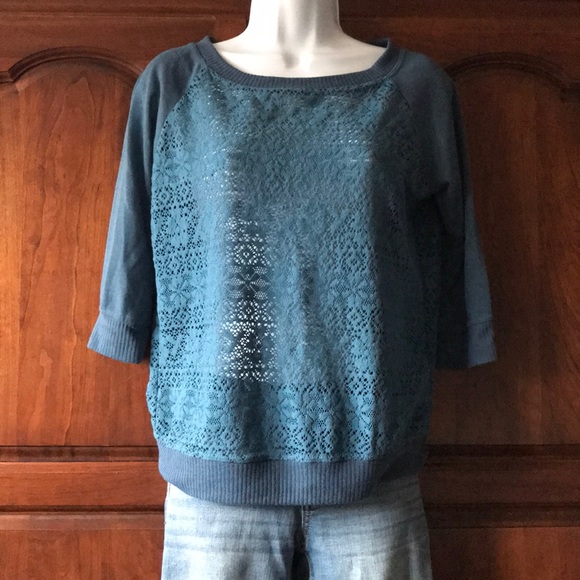 Double Zero Tops - turquoise blue lace sweatshirt size small